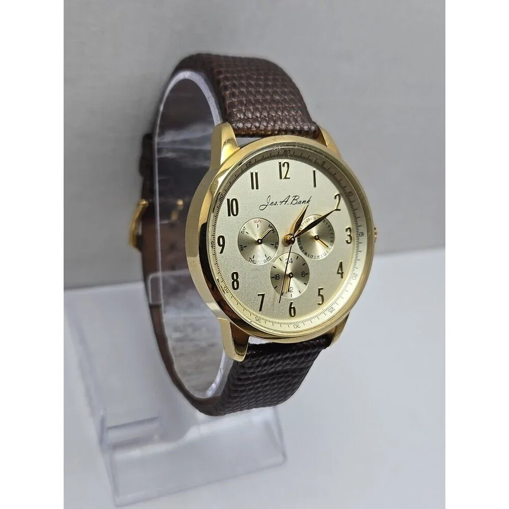 Jos A Bank Gold Dial Multifunction Mens Day Date 40mm Dress Watch New Battery
